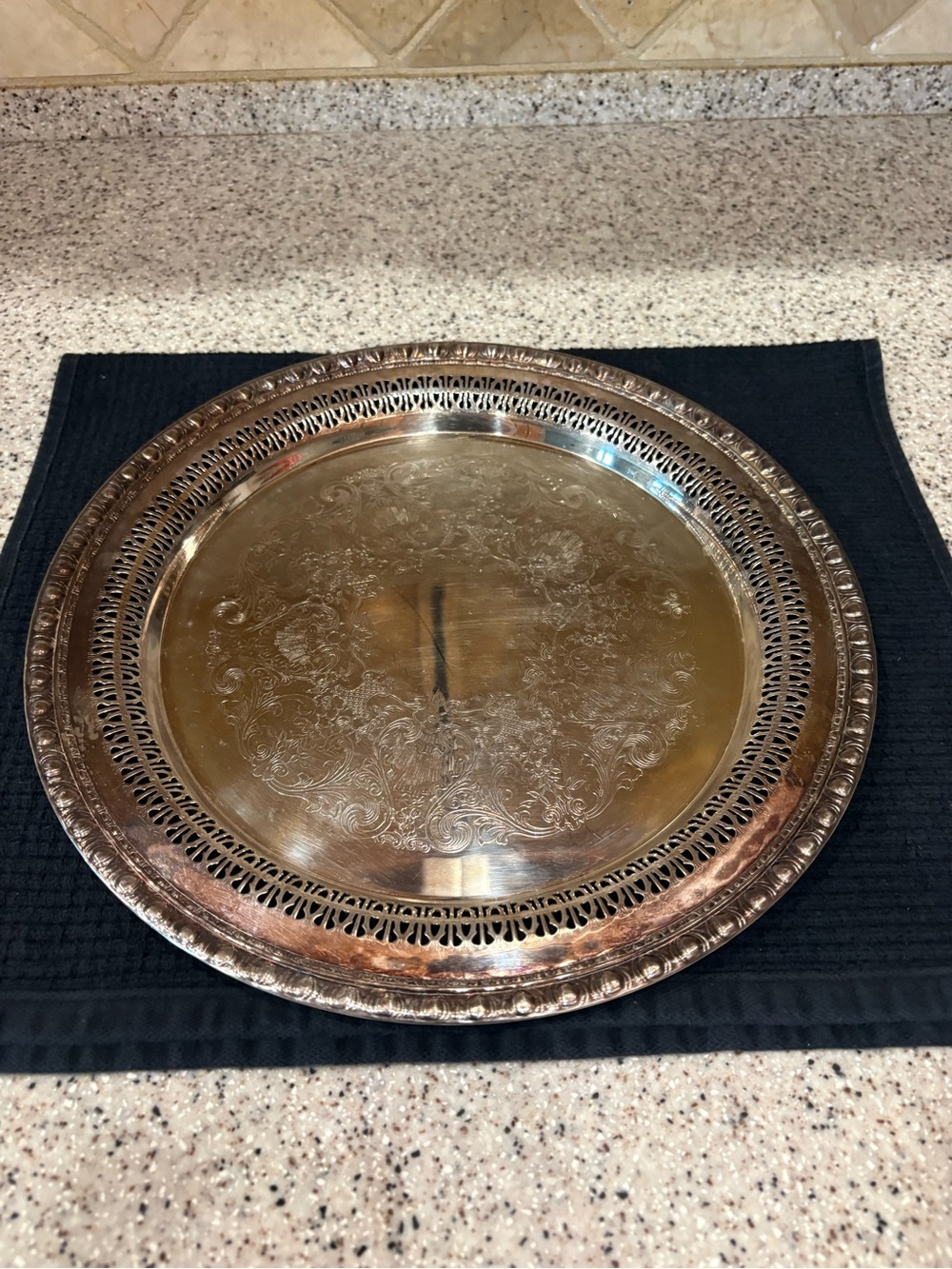 Rogers Silverplate Tray 1770 Round Etched Scrolls Rope Edge in Vintage